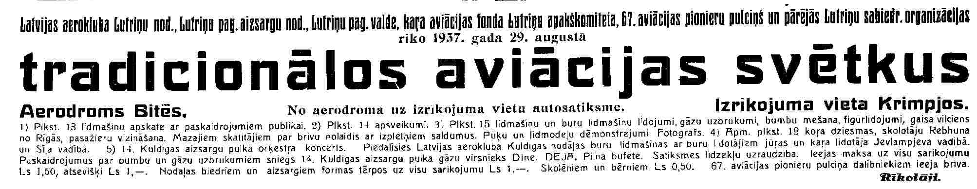 Advertisement in Jaunais Kurzemnieks August 25, 1937